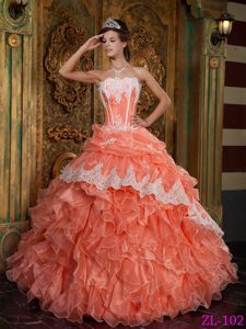 Strapless Organza Quinceanera Dress in Orange Red with Ruffled Layers