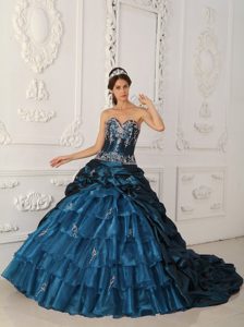 Sweetheart Brush Rain Teal Taffeta Quinceanera Dresses with Appliques and Pick-ups