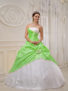 Strapless Light Green and White Taffeta Quinceanera Dress with Beading and Flower