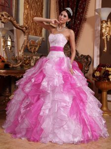 Two-Toned Pink Sweetheart Ball Gown Beaded Ruffled Organza Quinceanera Dresses