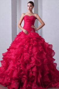 New Coral Red Sweetheart Ball Gown Ruched Beaded Quinceanera Dress with Ruffles