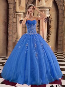 Ruched and Beaded Blue Organza Memorable Sweet Sixteen Dress for Fall