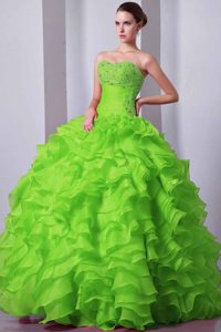 Pretty A-line Green Organza Quinceanera Dress with Beading and Ruffles