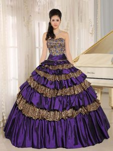 Dark Purple Leopard Ruffled Dress for Quince with Appliques and Beading