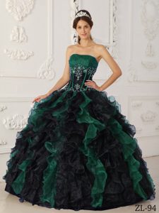 Green and Black Taffeta and Organza Beaded and Ruffled Quinceanera Dress