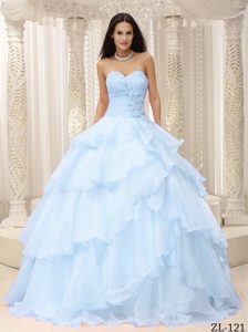 Ruched Sweetheart Cheap Quinceanera Dress in Organza in Light Blue