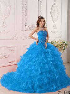 Strapless Floor-length Organza Lovely Sweet 16 Dress in Blue with Ruffles
