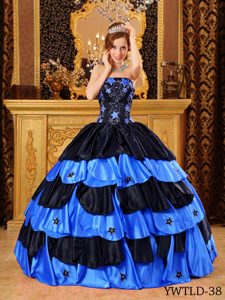 Inexpensive Black and Blue Strapless Beaded Sweet 15 Dresses in Taffeta