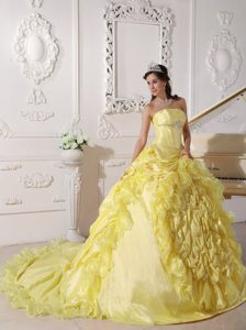 Yellow Strapless Sweet Sixteen Quince Dresses with Chapel Train and Pick-ups
