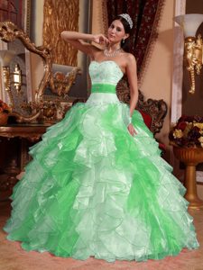Multi-colored Ruffled and Beaded Dress for Quince in Organza with Sweetheart