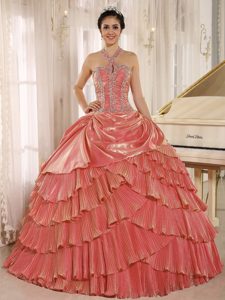 Halter-top Watermelon Sweet Sixteen Dresses with Beadings and Ruffled Layers