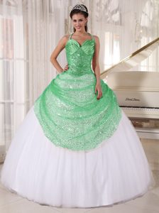 New Green and White Tulle Quinceanera Dress with Appliques and Sequins
