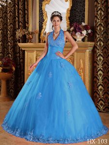 Blue Inexpensive Ball Gown Halter Quinceanera Dresses in Tulle
