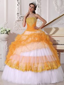Cute Strapless Sweet Sixteen Quince Dresses in Orange and White