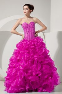 Organza Sweet Sixteen Dress with Sweetheart and Beading in Hot Pink