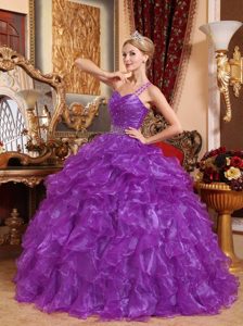 Purple One Shoulder Organza Beaded Quinceanera Dress with Ruffled Layers
