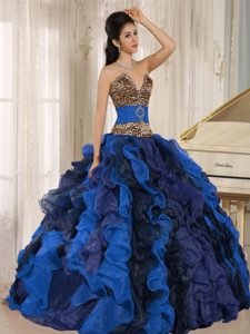 New Multicolor V-neck Ruffled Quinceanera Dress with Leopard and Beading