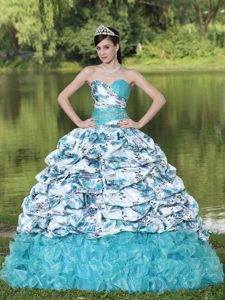 Colorful Printed Organza Beaded Ruffled Quinceanera Dresses with Pick-ups