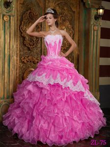 Hot Pink Strapless Organza Quinceanera Gowns with Appliques and Ruffles