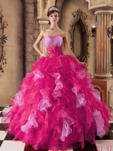 Hot Pink Strapless Organza Beaded and Ruffled Sweet 16 Quinceanera Dress