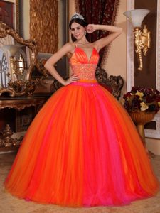 V-neck Beading Orange Sweet Sixteen Quinceanera Dress with Criss Cross on Back