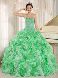 Green Ruffled and Beaded Quinceanera Gown Dresses with Heart Shaped Neckline