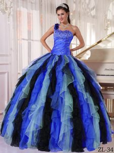 Multi-color One Shoulder Organza Beading and Ruffles Dress for Quinceanera