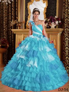 Aqua Blue One Shoulder Ruffled and Beaded Quinceanera Gown in Organza