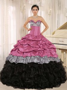 Rose Pink and Black Sweetheart Leopard Ruffled Quinceanera Dresses with Pick-ups