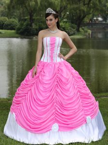 Strapless Ball Gown Style Sweet Sixteen Dresses in Hot Pink and White