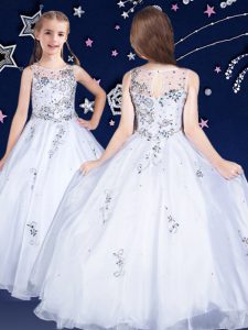Scoop Sleeveless Floor Length Beading Zipper Little Girls Pageant Dress Wholesale with White