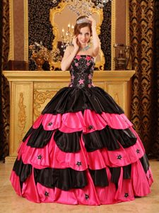 Hot Pink and Black Strapless Taffeta Quinceanera Dress with Beading on Promotion