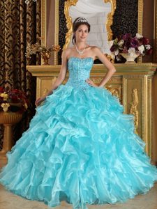Aqua Blue Sweetheart Organza Quinceanera Dresses with Ruffles and Beading for Less