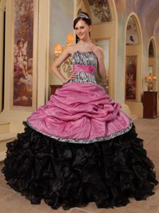 Pink and Black Ruffled Dresses for Quince with Pick-ups and Leopard in Taffeta
