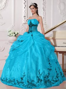 Aqua Blue and Black Quinceanera Dress with Appliques in Organza on Promotion