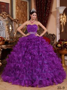 Eggplant Purple Sweetheart Ruched Organza Beaded Quinceanera Dress with Ruffles