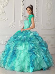 Turquoise One-shoulder Ball Gown Organza Beaded Quinceanera Dress with Ruffles