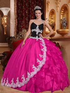 Discount V-neck Ruffled Long Sweet Sixteen Dresses in Hot Pink and Black