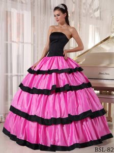 Floor-length for Rose Pink and Black Strapless Taffeta Quinceanera Dresses