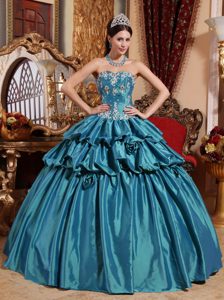 Ball Gown Sweetheart Taffeta Teal Quinceanera Dress with White Appliques