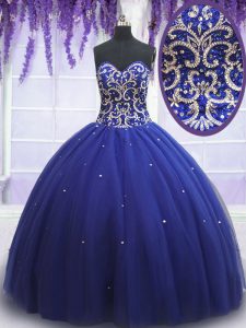Sweetheart Sleeveless Quinceanera Gown Beading and Sequins Royal Blue Tulle