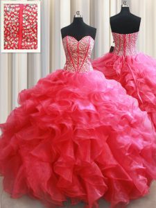 Lovely Sweetheart Sleeveless 15th Birthday Dress Floor Length Beading and Ruffles Coral Red Organza