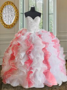 Pink And White Sleeveless Floor Length Beading and Ruffles Lace Up Sweet 16 Dress