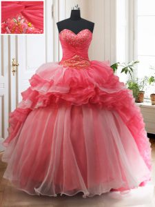 Exceptional With Train Lace Up Quinceanera Dress White And Red for Military Ball and Sweet 16 and Quinceanera with Beading and Ruffled Layers Brush Train