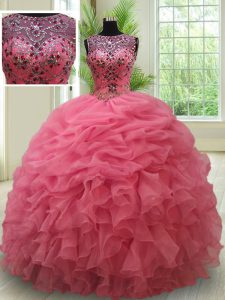 Scoop See Through Sleeveless Floor Length Beading and Ruffles and Pick Ups Lace Up Vestidos de Quinceanera with Pink