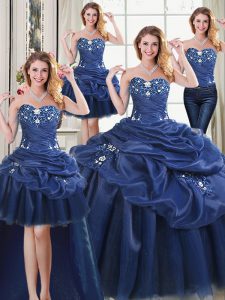 Spectacular Four Piece Navy Blue Sleeveless Organza Lace Up Quinceanera Dresses for Military Ball and Sweet 16 and Quinceanera