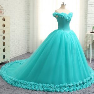 Lovely Aqua Blue Lace Up Off The Shoulder Hand Made Flower 15th Birthday Dress Tulle Cap Sleeves Court Train