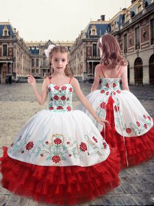 White and Red Little Girl Pageant Dress Party and Wedding Party with Embroidery and Ruffles Straps Sleeveless Lace Up