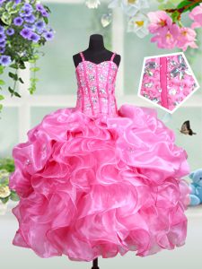 Discount Rose Pink Ball Gowns Straps Sleeveless Organza Floor Length Lace Up Beading and Ruffles and Pick Ups Little Girl Pageant Dress