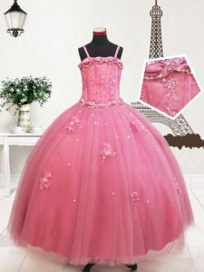 Hot Pink Ball Gowns Straps Sleeveless Tulle Floor Length Zipper Beading and Appliques Pageant Gowns For Girls